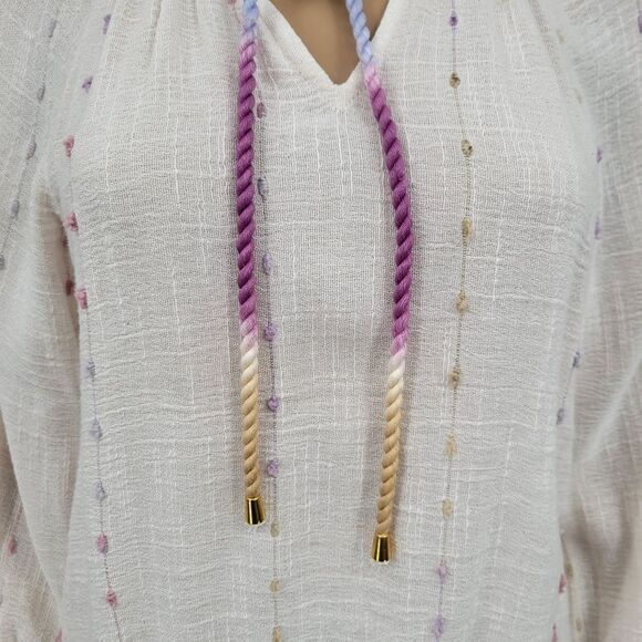 Democracy Woven Split V-Neck 3/4 Blouson Sleeve Crochet Edge Woven Top - Picture 4 of 15